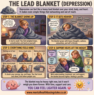 Lead Blanket Mental Health Basingstoke Illustration comparing depression to carrying a heavy lead blanket that drains energy and motivation.