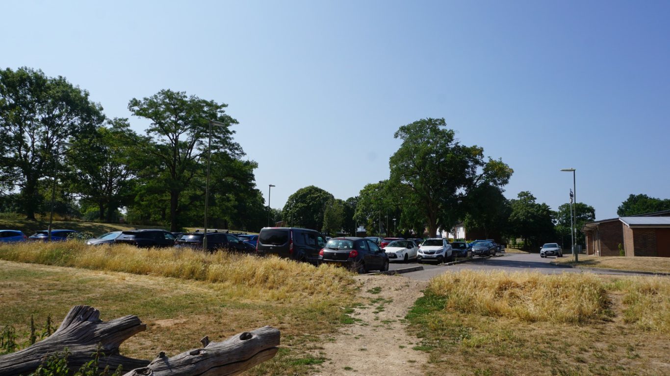 A grassy area with parked cars and trees under a clear blue sky.