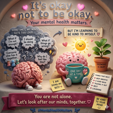 It's Ok Not To Be Ok Mental Health Basingstoke Illustration encouraging people to accept difficult emotions and seek support when struggling.