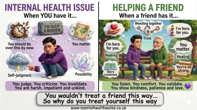 Be Kind Mental Health Basingstoke Illustration promoting self-kindness and compassion during periods of anxiety or stress.