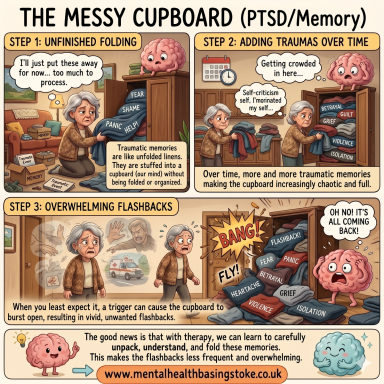 PTSD Mental Health Basingstoke Illustration representing post-traumatic stress disorder and the emotional effects of trauma memories.