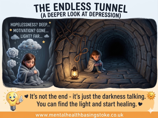Endless Tunnel Mental Health Basingstoke Illustration of depression as a long dark tunnel with hope and recovery in the distance.