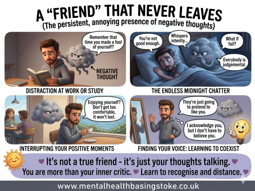 Fake Friend Mental Health Basingstoke Illustration portraying depression as a deceptive inner voice that isolates and discourages people.