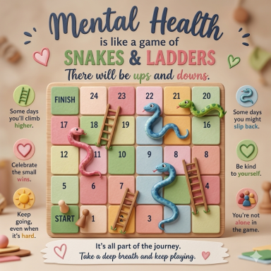 Snakes and Ladder Mental health Basingstoke Mental health illustrated as a snakes and ladders board game with progress, setbacks, and recovery.