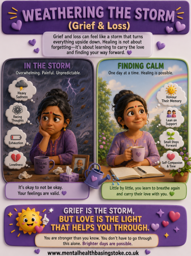 Weather The Storm Mental Health Walks Basingstoke Illustration comparing grief and emotional pain to surviving a storm with resilience and support.