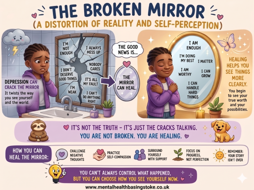 Self Perception Mental Health Basingstoke Illustration showing how depression can distort self-image and self-worth.
